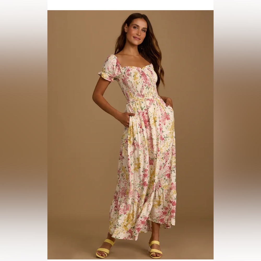 Lulus Always So Sweet Cream Floral Smocked Puff Sleeve Maxi Dress S